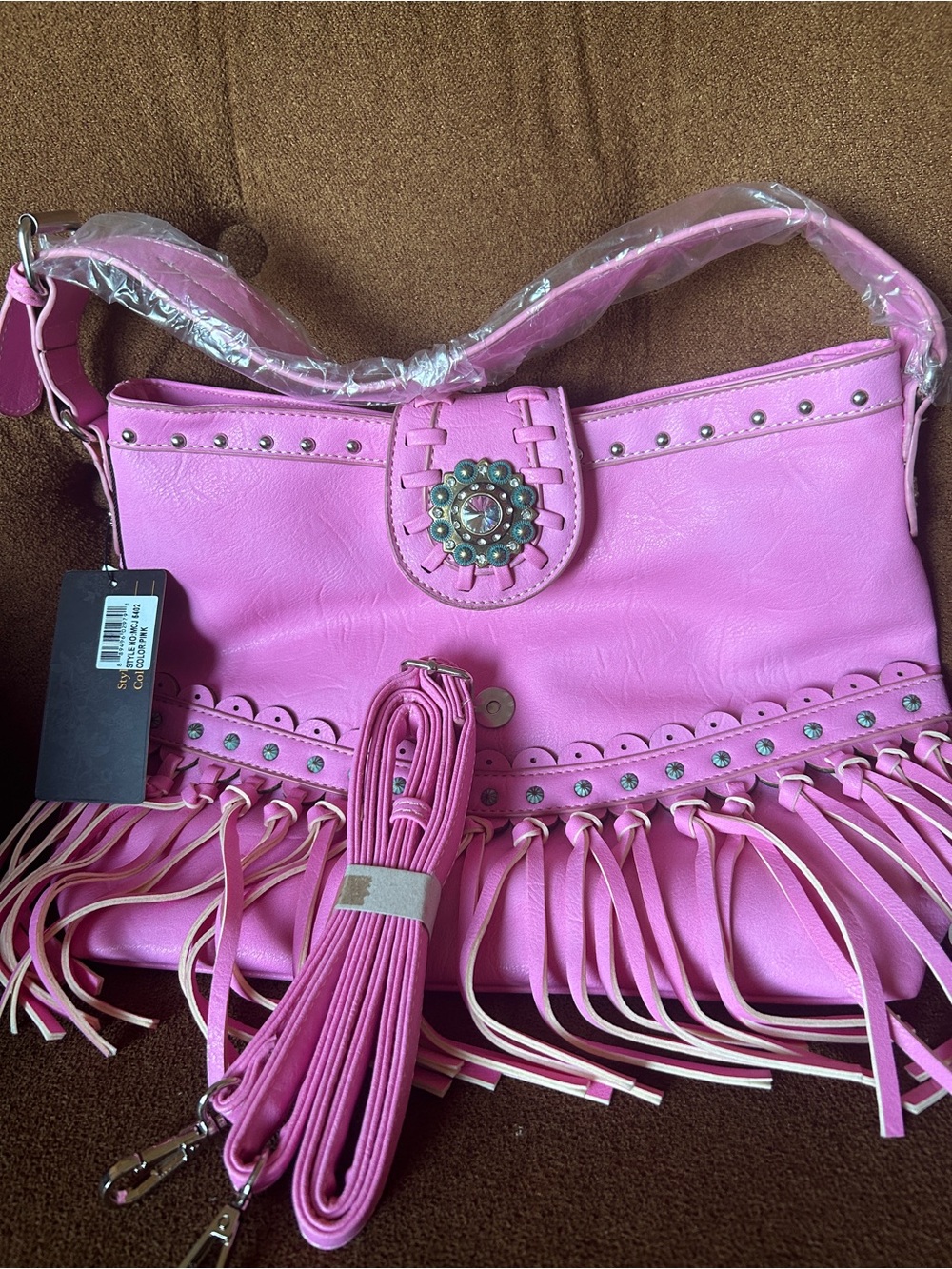 Pink Fringe Shoulder Bag with Rhinestone Concho